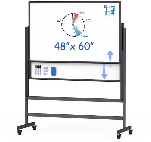 Main image of Double-Sided White Board on Wheels, 48x60 Inch (4'x5') Large Magnetic Mobile Dry Erase Board, Height Adjustable Stand Rolling Whiteboard for Office, Classroom, Home School Use, Black