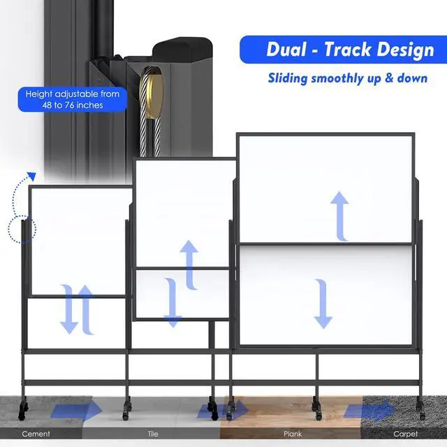Alt view image 3 of 7 - Double-Sided White Board on Wheels, 48x60 Inch (4'x5') Large Magnetic Mobile Dry Erase Board, Height Adjustable Stand Rolling Whiteboard for Office, Classroom, Home School Use, Black