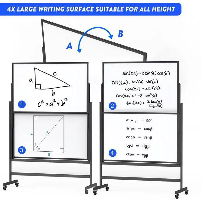 Alt view image 4 of 7 - Double-Sided White Board on Wheels, 48x60 Inch (4'x5') Large Magnetic Mobile Dry Erase Board, Height Adjustable Stand Rolling Whiteboard for Office, Classroom, Home School Use, Black