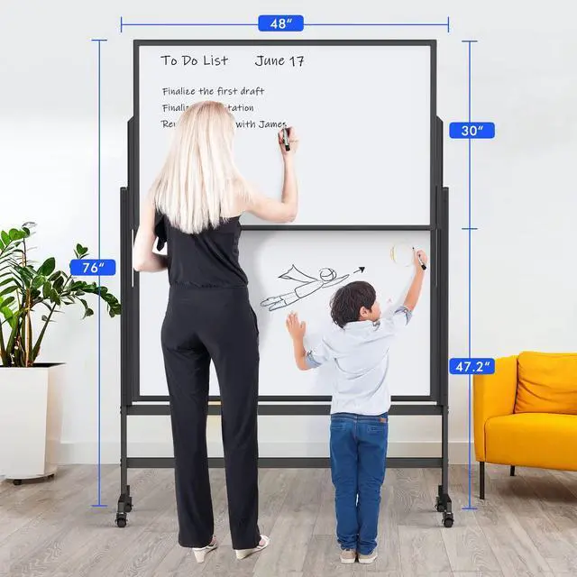 Alt view image 2 of 7 - Double-Sided White Board on Wheels, 48x60 Inch (4'x5') Large Magnetic Mobile Dry Erase Board, Height Adjustable Stand Rolling Whiteboard for Office, Classroom, Home School Use, Black