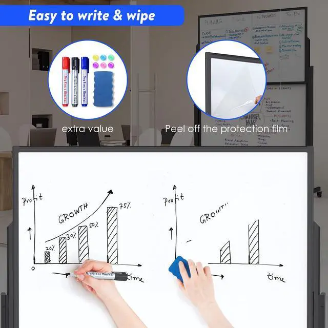 Alt view image 6 of 7 - Double-Sided White Board on Wheels, 48x60 Inch (4'x5') Large Magnetic Mobile Dry Erase Board, Height Adjustable Stand Rolling Whiteboard for Office, Classroom, Home School Use, Black