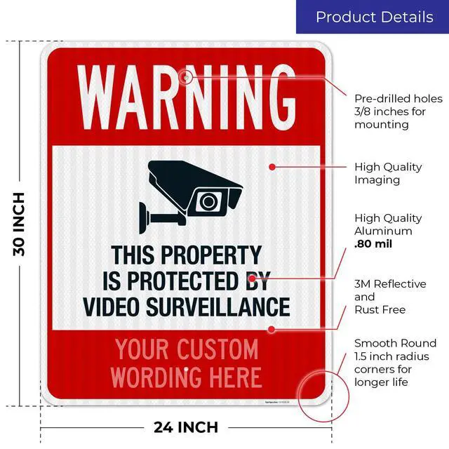 Alt view image 3 of 7 - Custom Video Surveillance Sign, Personalize For Business, Home, Airbnb, School,Indoor/Outdoor Signs, 24x30 Inches, 3M EGP Reflective.080 Aluminum, Fade Resistant, Made in USA