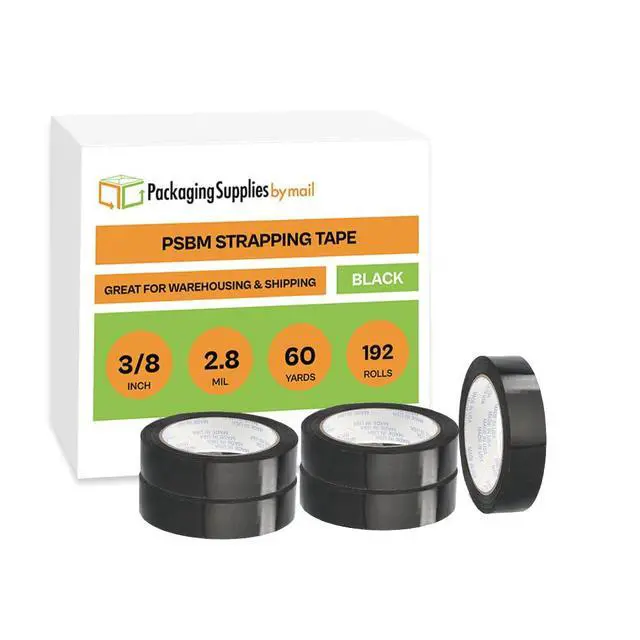 Alt view image 2 of 7 - PSBM Black Strapping Tape, 192 Rolls 2.8 Mil 3/8 Inch 60 Yards Per Roll, Synthetic Rubber & Resin Adhesive Tape for Bundling, Reinforcing, Palletizing & Securing