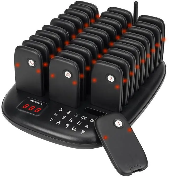Main image of TD175P Restaurant Pager System, Buzzers for Restaurants, 30 Beepers | for Restaurant, Food Court, Maximum Call Range 800M, with Vibration, Flashing, Buzzer, Plug and Play,Touch Keyboard