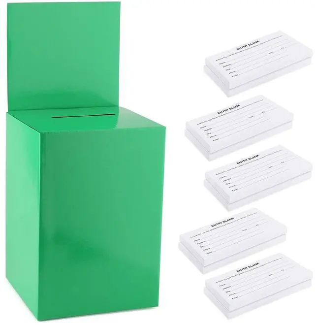 Main image of Large thick cardboard raffle Ballot Box 9.5"H x 6.5"W x 6.5"D Charity Donation collection Box office Suggestion comment Box removable display area 6.5" x 6.5" Includes 1000 Sheets(Green 10 pack)