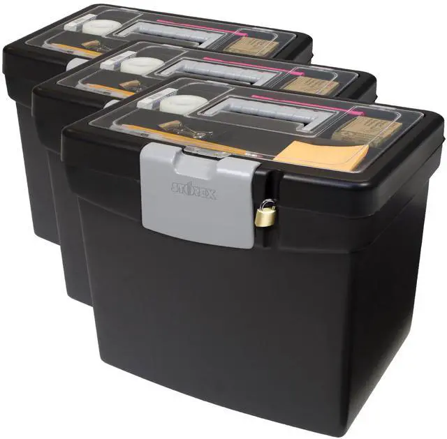 Main image of 61504B02C Portable File Box with XL Lid, 11 x 13-1/2 x 11 Inches, Black (Pack of 3)