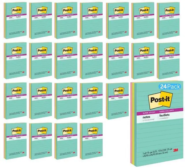 Main image of 4645-3SSAN24PK Super Sticky Notes, 4 in x 6 in, 24 Pack | Supernova Neons Collection, Lined, Aqua Splash, Acid Lime, Tropical Pink