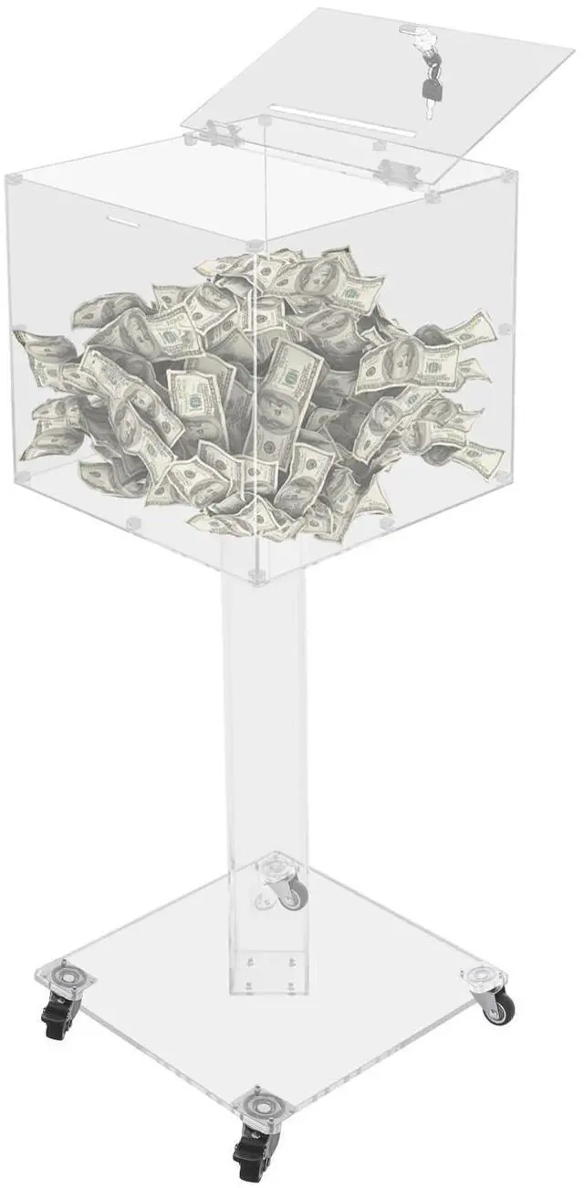 Main image of Acrylic Raffle Ticket Box with Stand, Suggestion Donation Box Ballot Boxes with Lock and Key & Wheels for Office Charity Church Collection (Clear-Bar Hole)