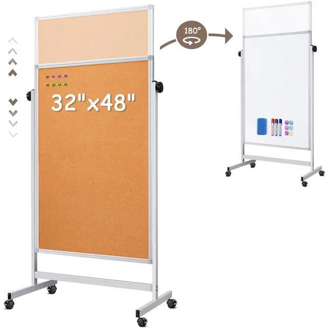 Main image of Double Sided Cork Board & White Board on Wheels 48" x 32" Aluminum Frame | Magnetic Rolling White Board, Height Adjustable Freestanding Natural Corkboard, Dual-function Surface for Writing & Pinning