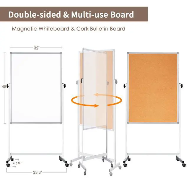 Alt view image 2 of 6 - Double Sided Cork Board & White Board on Wheels 48" x 32" Aluminum Frame | Magnetic Rolling White Board, Height Adjustable Freestanding Natural Corkboard, Dual-function Surface for Writing & Pinning