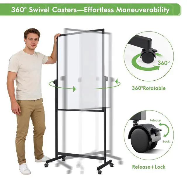 Alt view image 3 of 7 - Rolling Whiteboard on Wheels 48" x 32" Aluminum Frame (Black) | Magnetic Dry Erase Board with Stand, Double-Sided Height Adjustable Mobile Whiteboard Easel for Home Office, School Supplies