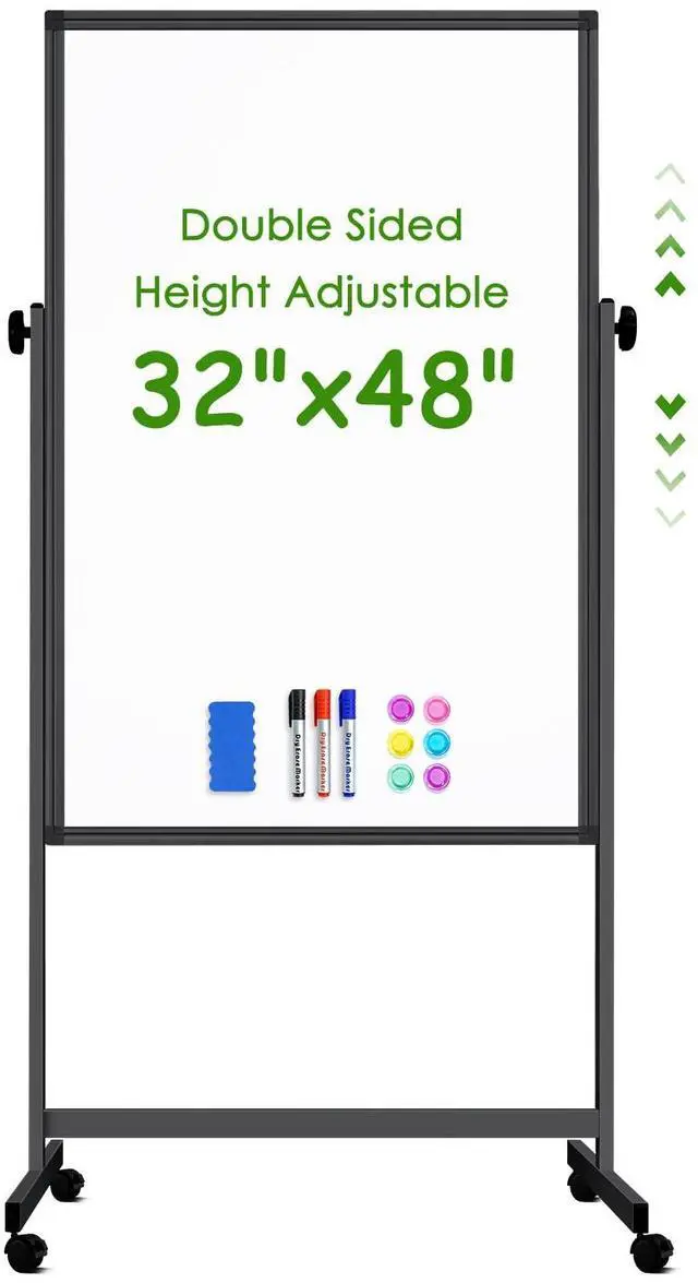 Main image of Rolling Whiteboard on Wheels 48" x 32" Aluminum Frame (Black) | Magnetic Dry Erase Board with Stand, Double-Sided Height Adjustable Mobile Whiteboard Easel for Home Office, School Supplies