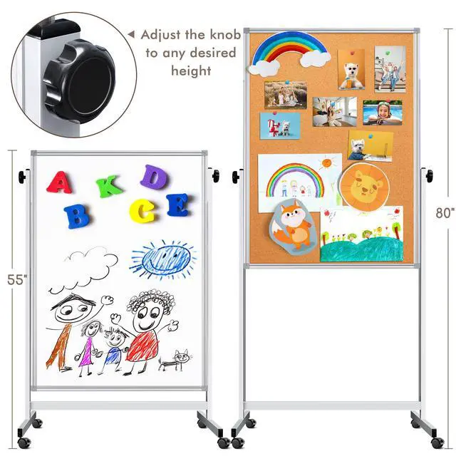 Alt view image 3 of 6 - Double Sided Cork Board & White Board on Wheels 48" x 32" Aluminum Frame | Magnetic Rolling White Board, Height Adjustable Freestanding Natural Corkboard, Dual-function Surface for Writing & Pinning