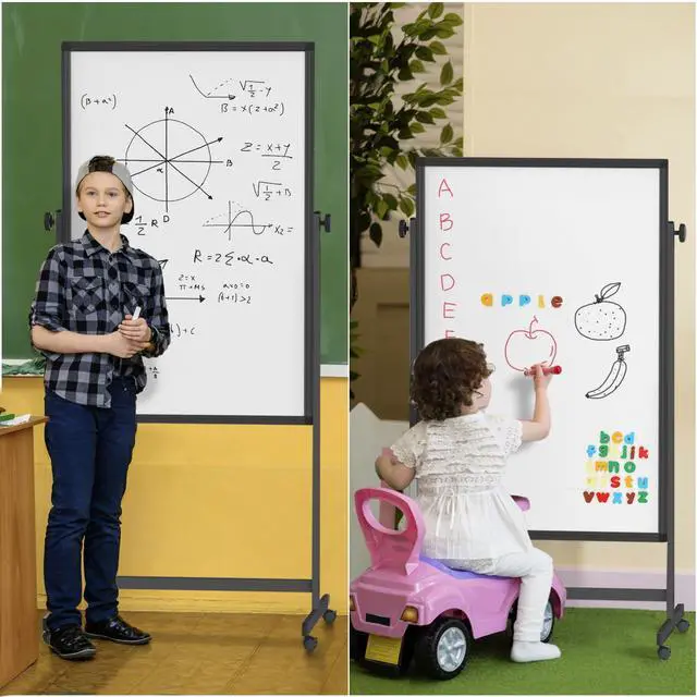 Alt view image 2 of 7 - Rolling Whiteboard on Wheels 48" x 32" Aluminum Frame (Black) | Magnetic Dry Erase Board with Stand, Double-Sided Height Adjustable Mobile Whiteboard Easel for Home Office, School Supplies