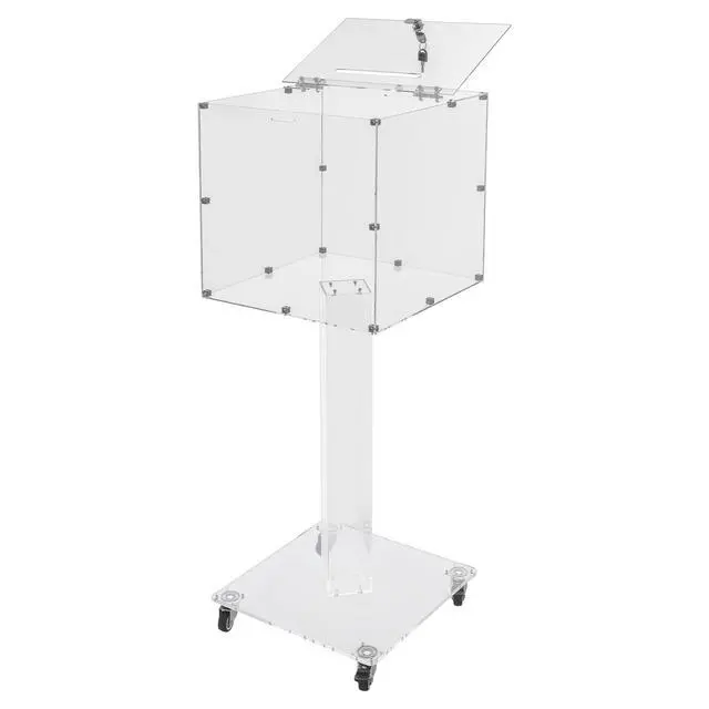 Alt view image 5 of 7 - Acrylic Raffle Ticket Box with Stand, Suggestion Donation Box Ballot Boxes with Lock and Key & Wheels for Office Charity Church Collection (Clear-Bar Hole)
