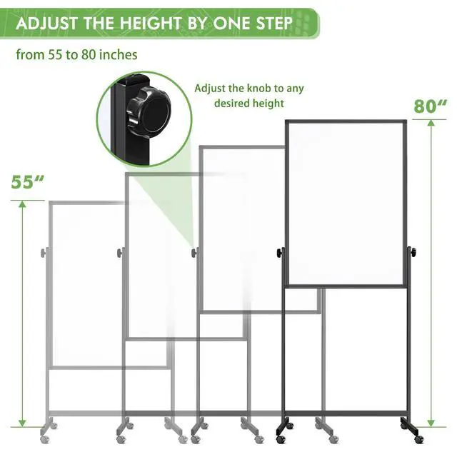 Alt view image 4 of 7 - Rolling Whiteboard on Wheels 48" x 32" Aluminum Frame (Black) | Magnetic Dry Erase Board with Stand, Double-Sided Height Adjustable Mobile Whiteboard Easel for Home Office, School Supplies