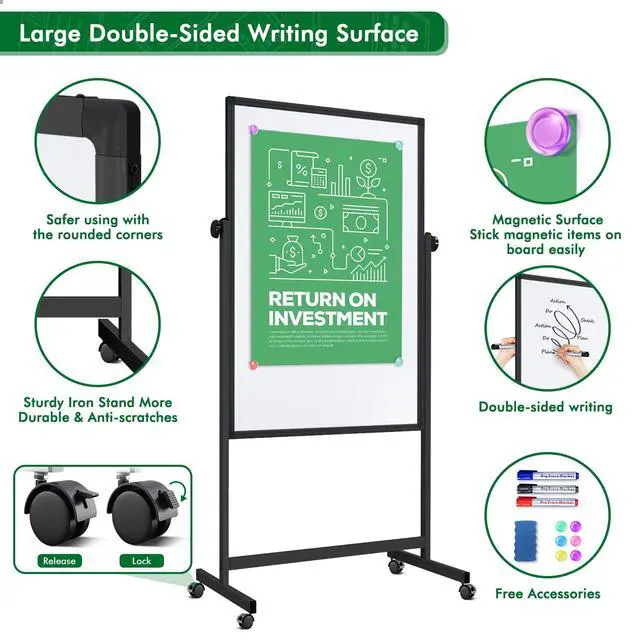 Alt view image 5 of 7 - Rolling Whiteboard on Wheels 48" x 32" Aluminum Frame (Black) | Magnetic Dry Erase Board with Stand, Double-Sided Height Adjustable Mobile Whiteboard Easel for Home Office, School Supplies
