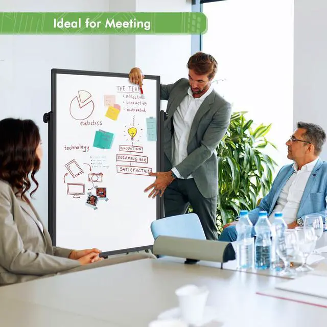 Alt view image 6 of 7 - Rolling Whiteboard on Wheels 48" x 32" Aluminum Frame (Black) | Magnetic Dry Erase Board with Stand, Double-Sided Height Adjustable Mobile Whiteboard Easel for Home Office, School Supplies