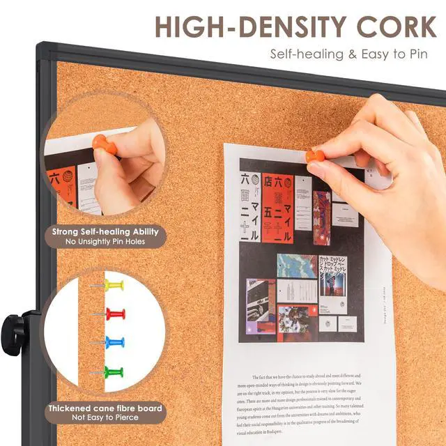 Alt view image 4 of 7 - Double Sided Cork Board & White Board on Wheels 48" x 32" Aluminum Frame | Magnetic Rolling White Board, Height Adjustable Freestanding Natural Corkboard, Dual-function Surface for Writing & Pinning