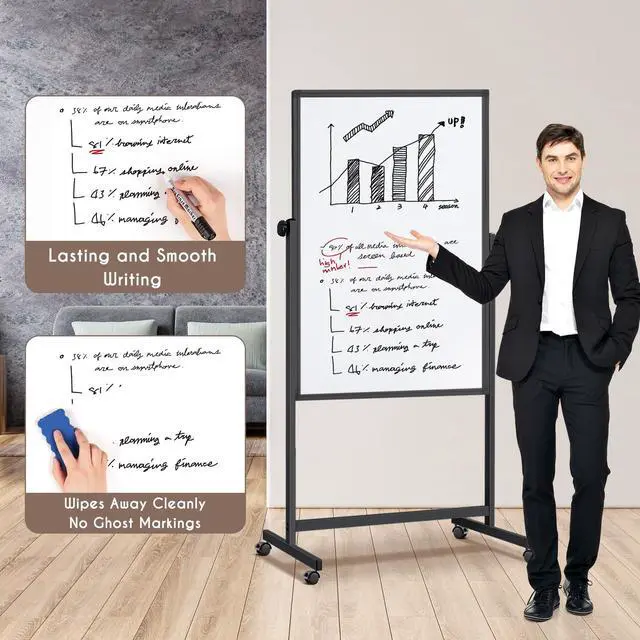 Alt view image 3 of 7 - Double Sided Cork Board & White Board on Wheels 48" x 32" Aluminum Frame | Magnetic Rolling White Board, Height Adjustable Freestanding Natural Corkboard, Dual-function Surface for Writing & Pinning