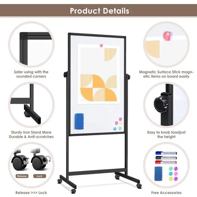 Alt view image 5 of 7 - Double Sided Cork Board & White Board on Wheels 48" x 32" Aluminum Frame | Magnetic Rolling White Board, Height Adjustable Freestanding Natural Corkboard, Dual-function Surface for Writing & Pinning