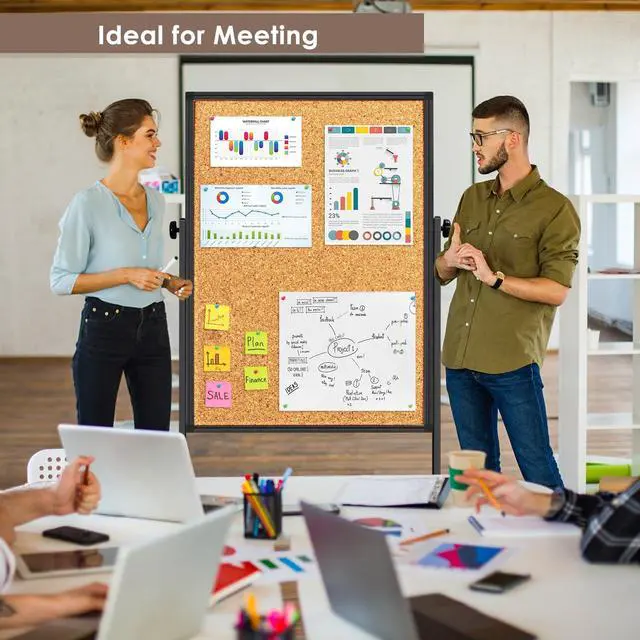 Alt view image 7 of 7 - Double Sided Cork Board & White Board on Wheels 48" x 32" Aluminum Frame | Magnetic Rolling White Board, Height Adjustable Freestanding Natural Corkboard, Dual-function Surface for Writing & Pinning