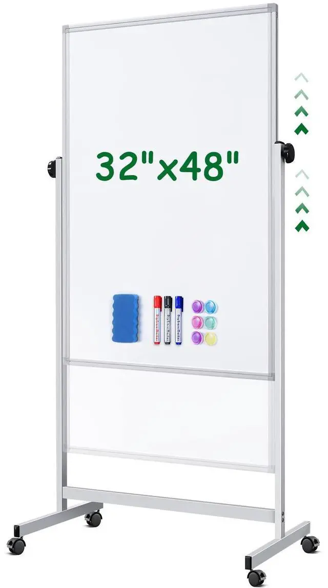 Main image of Rolling Whiteboard on Wheels 48" x 32" Aluminum Frame | Magnetic Dry Erase Board with Stand, Double-Sided Height Adjustable Mobile Whiteboard Easel for Home Office, School Supplies