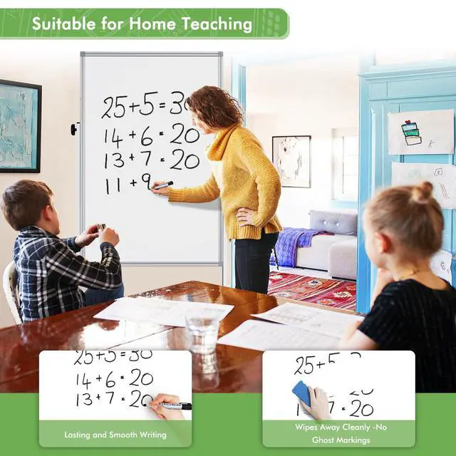 Alt view image 6 of 7 - Rolling Whiteboard on Wheels 48" x 32" Aluminum Frame | Magnetic Dry Erase Board with Stand, Double-Sided Height Adjustable Mobile Whiteboard Easel for Home Office, School Supplies