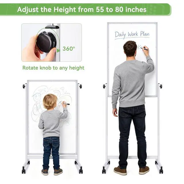 Alt view image 2 of 7 - Rolling Whiteboard on Wheels 48" x 32" Aluminum Frame | Magnetic Dry Erase Board with Stand, Double-Sided Height Adjustable Mobile Whiteboard Easel for Home Office, School Supplies