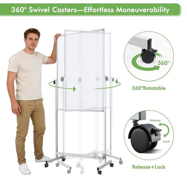 Alt view image 4 of 7 - Rolling Whiteboard on Wheels 48" x 32" Aluminum Frame | Magnetic Dry Erase Board with Stand, Double-Sided Height Adjustable Mobile Whiteboard Easel for Home Office, School Supplies