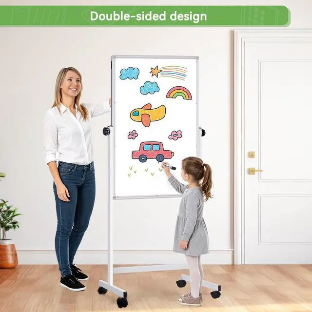 Alt view image 3 of 7 - Rolling Whiteboard on Wheels 48" x 32" Aluminum Frame | Magnetic Dry Erase Board with Stand, Double-Sided Height Adjustable Mobile Whiteboard Easel for Home Office, School Supplies