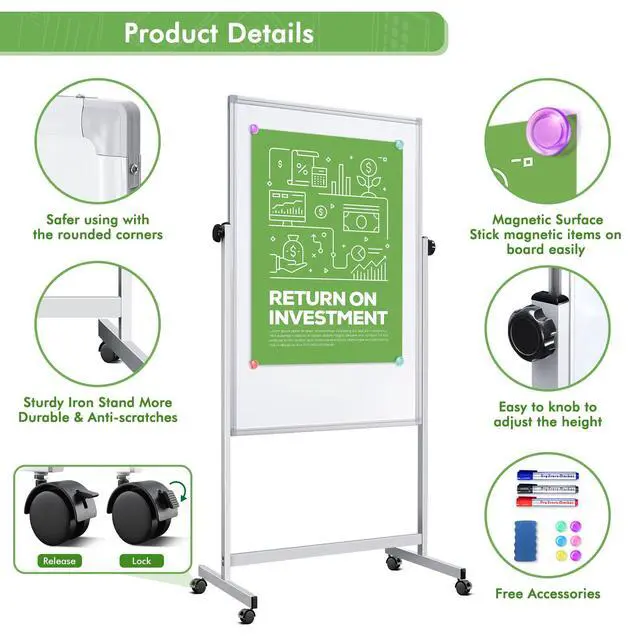 Alt view image 5 of 7 - Rolling Whiteboard on Wheels 48" x 32" Aluminum Frame | Magnetic Dry Erase Board with Stand, Double-Sided Height Adjustable Mobile Whiteboard Easel for Home Office, School Supplies
