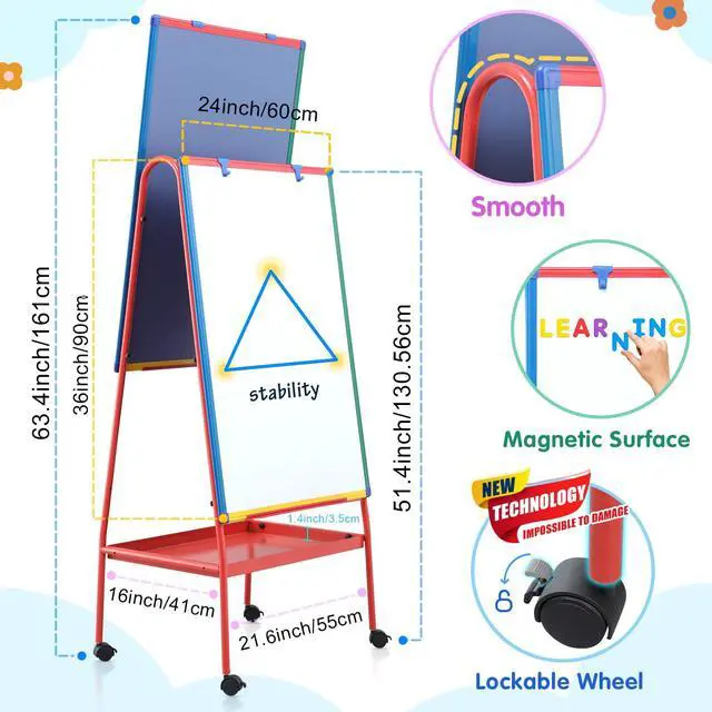 Alt view image 2 of 7 - Rolling Whiteboard on Wheels 36x24 in Portable Magnetic Easel for Classroom | Double Sided, with Storage, Large Mobile Whiteboard with Stand for Kids, Height Adjustable to 64.4 inches, for Home School