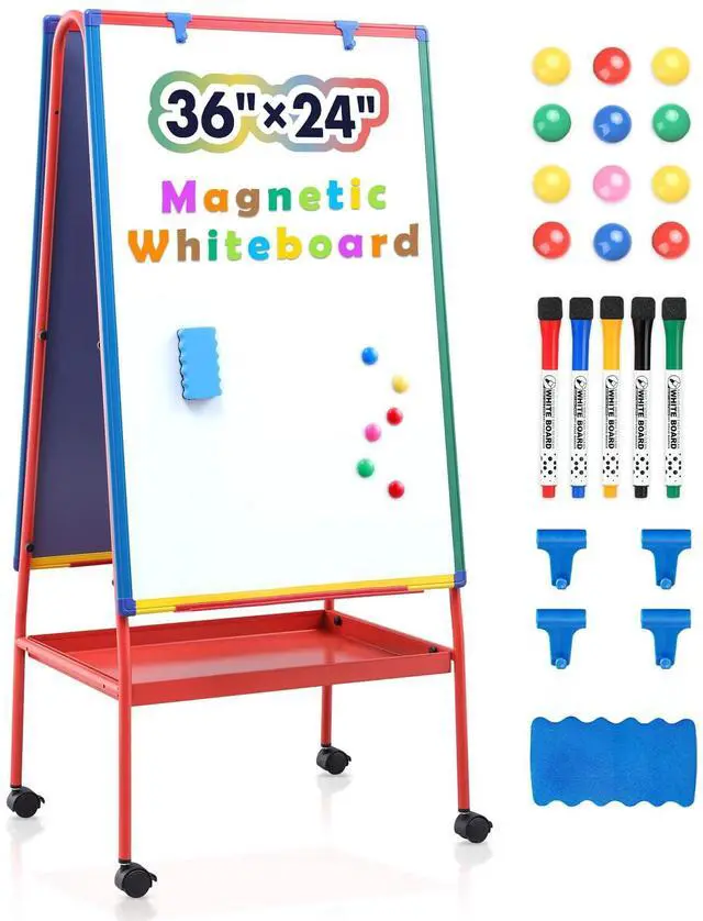 Main image of Rolling Whiteboard on Wheels 36x24 in Portable Magnetic Easel for Classroom | Double Sided, with Storage, Large Mobile Whiteboard with Stand for Kids, Height Adjustable to 64.4 inches, for Home School