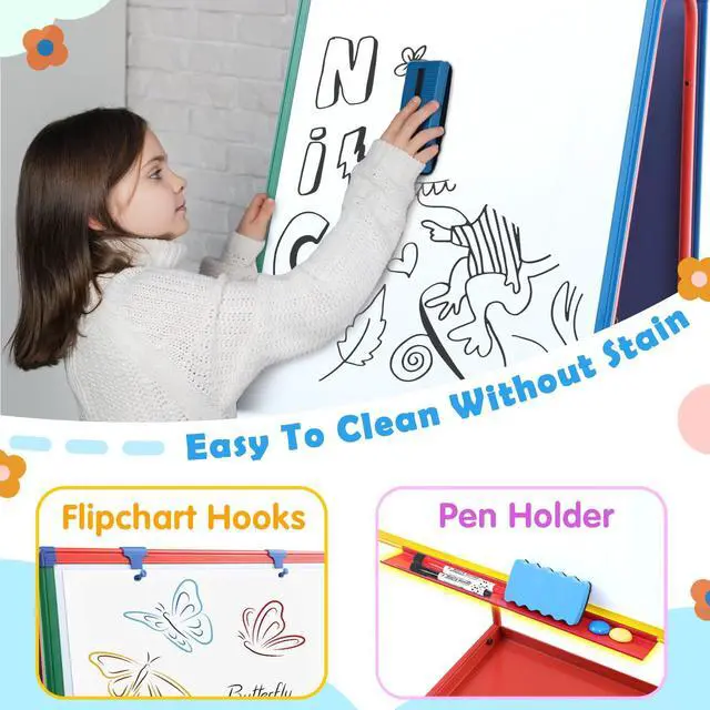 Alt view image 6 of 7 - Rolling Whiteboard on Wheels 36x24 in Portable Magnetic Easel for Classroom | Double Sided, with Storage, Large Mobile Whiteboard with Stand for Kids, Height Adjustable to 64.4 inches, for Home School