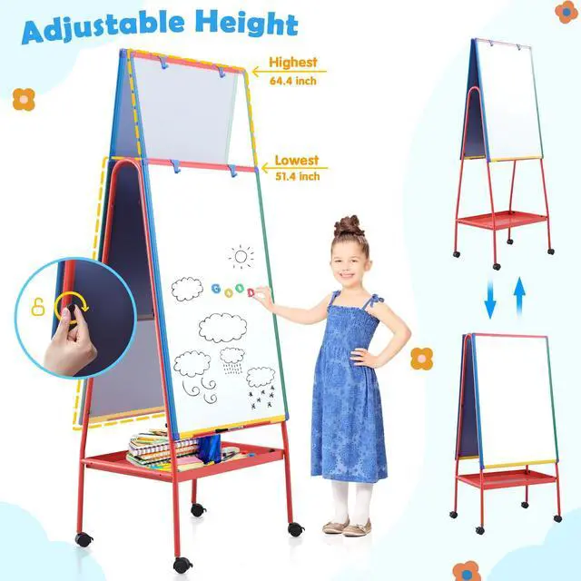 Alt view image 3 of 7 - Rolling Whiteboard on Wheels 36x24 in Portable Magnetic Easel for Classroom | Double Sided, with Storage, Large Mobile Whiteboard with Stand for Kids, Height Adjustable to 64.4 inches, for Home School