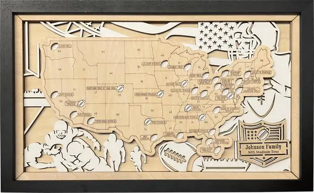 Main image of Personalized Wooden American Football Stadium Tracker Map - Football Stadium Bucket List - Custom Travel Map - Handcrafted Wall Art - Unique Gift for Football Fans (XL - 34×21 inch)