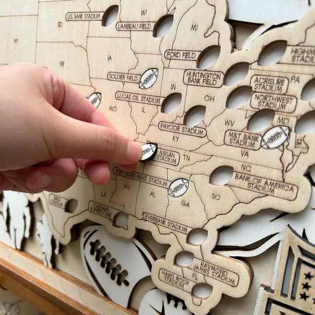 Alt view image 3 of 7 - Personalized Wooden American Football Stadium Tracker Map - Football Stadium Bucket List - Custom Travel Map - Handcrafted Wall Art - Unique Gift for Football Fans (XL - 34×21 inch)