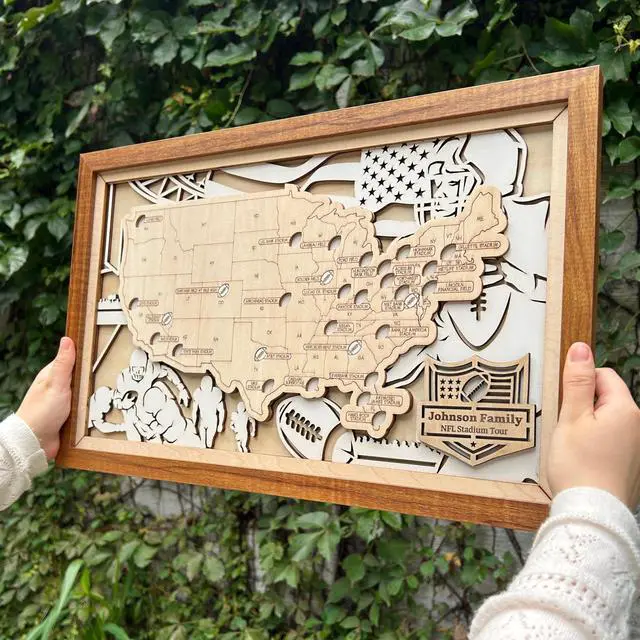 Alt view image 2 of 7 - Personalized Wooden American Football Stadium Tracker Map - Football Stadium Bucket List - Custom Travel Map - Handcrafted Wall Art - Unique Gift for Football Fans (XL - 34×21 inch)