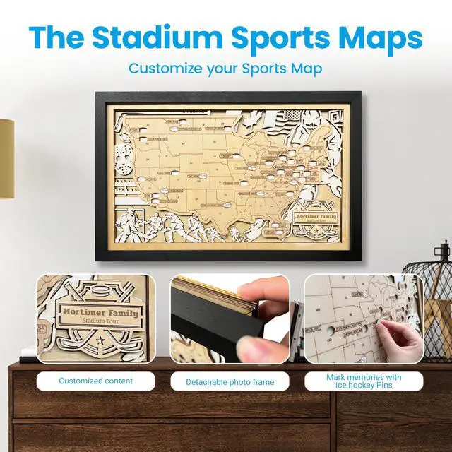 Alt view image 3 of 7 - Personalzied Wodden Hockey Stadium Travel Map Tracker, Custom Hockey Park Sign, Fathers Day Gift, Gift for hockey Fan, gift for men,hockey lover, Bucket List (XL - 34×21 inch, Style 1)