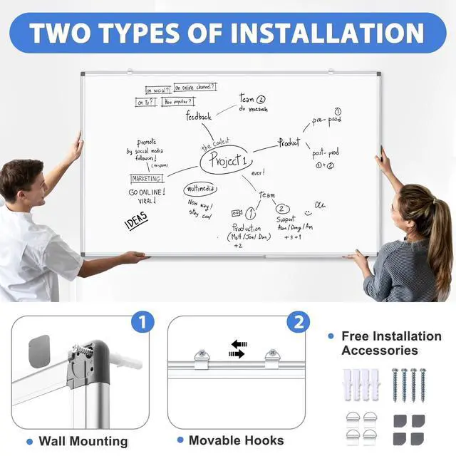 Alt view image 3 of 7 - Extra Large White Board 72x40 Double-Sided Dry Erase Magnetic Wall | Magnetic Whiteboard Wall, Double-Sided Dry Erase, Smooth Writing Easy Clean, Aluminum Frame, Home Office School, Complete Kit