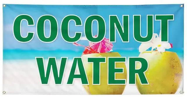 Main image of Vinyl Banner Multiple Sizes Coconut Water Outdoor Advertising Printing A Food & Beverage Coconut Outdoor Weatherproof Industrial Yard Signs Blue 10 Grommets 60x144Inches
