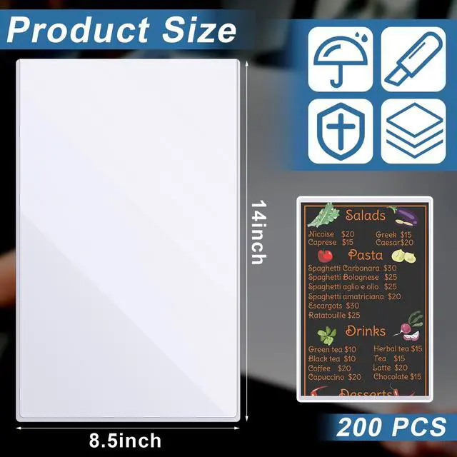 Alt view image 3 of 6 - 200 Pcs 8.5" x 14" Clear Plastic Menu Sleeves Covers Legal Size for Restaurant Menu Protector, 8.5" x 14" Rigid Print Protectors, Clear Hard Plastic Protective Sleeves Covers