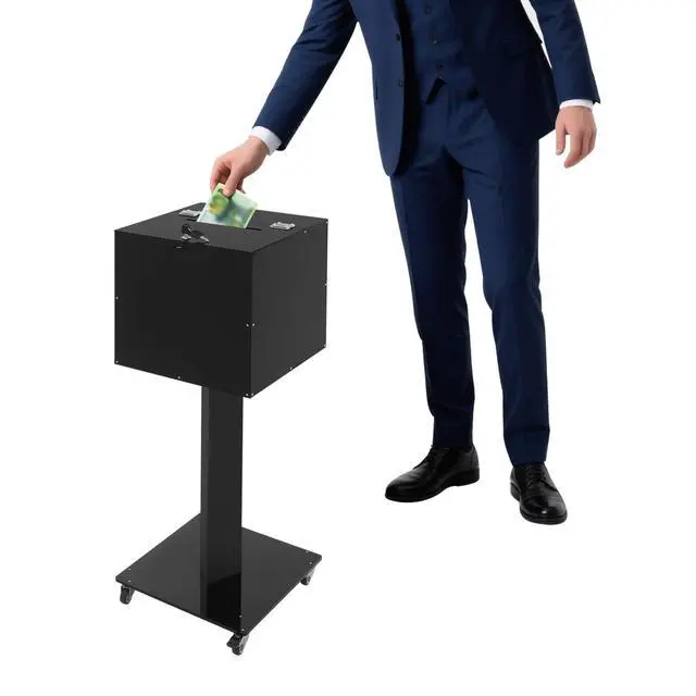 Alt view image 2 of 7 - Acrylic Raffle Ticket Box with Stand, Suggestion Donation Box Ballot Boxes with Lock and Key & Wheels for Office Charity Church Collection (Black-Bar Hole)