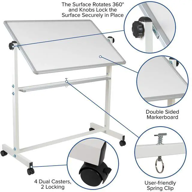 Alt view image 3 of 7 - 45.25" W x 54.75" H Double-Sided Mobile White Board with Pen Tray