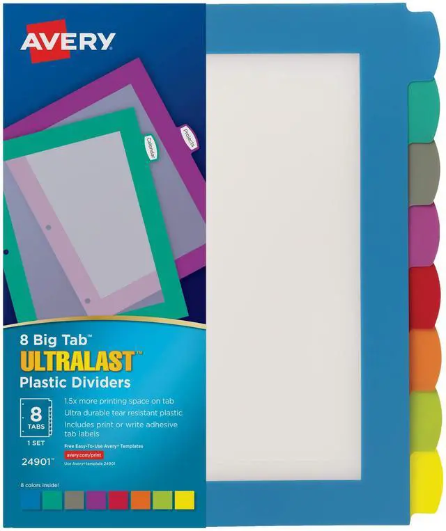 Main image of Ultralast Big Tab Plastic Dividers for 3 Ring Binders, 8-Tab Sets, Multicolor with White Labels, 24 Sets, 192 Divider Tabs (24901)