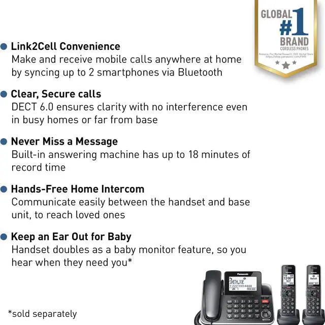 Alt view image 2 of 7 - Link2Cell Expandable Phone with Digital Answering System & Smart Call Blocker, One Corded Base Unit and Two Cordless Handsets Black - KX-TGF882B