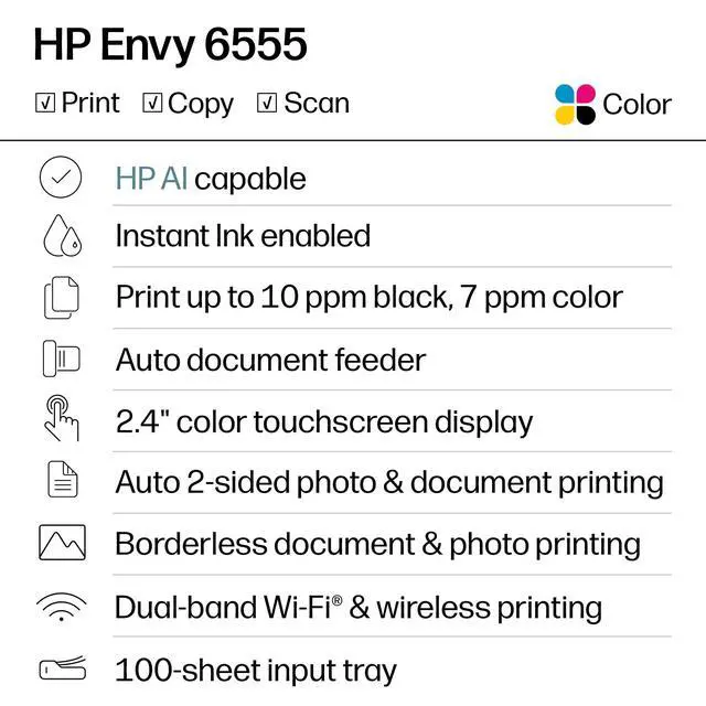 Alt view image 2 of 7 - Envy 6555 Wireless All-in-One Color Inkjet Printer, Print, Scan, Copy, Duplex Printing Best-for-Home, 3 Month Trial of Instant Ink Included, AI-Capable (C2XR6A) Portobello