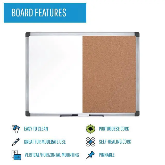 Alt view image 3 of 7 - Maya Combination Board, Dry Erase / Cork Bulletin Board, 48" x 72", Whiteboard / Cork Board with Aluminum Frame