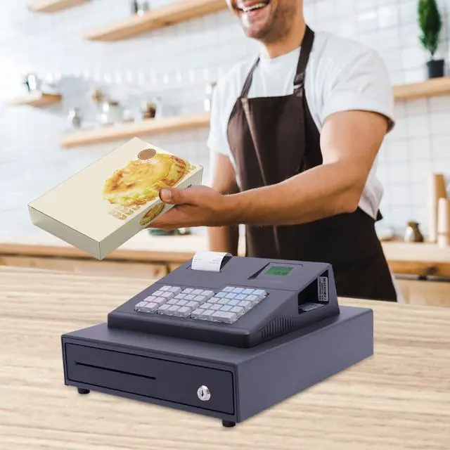 Alt view image 3 of 7 - Electronic Register,48 Keys Cash Register Drawer,Coin Drawer with LCM&LED Screen,4 Bill 5 Coin Tray,Quick Load Thermal Printer,Key,Black (Cash)